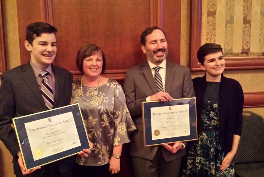 The Littles of Yarmouth County, Nova Scotia's volunteer family of the year for 2019: from left Alex, Erika, Jeff and Emma. They received their award Monday, April 1, at the provincial volunteer awards ceremony in Halifax, where Jeff also received the representative volunteer award for the Municipality of Yarmouth.