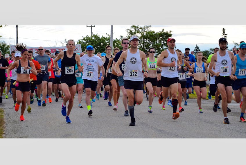Runners leave the start line in last year’s annual N.S. Marathon, Half Marathon and 10k run, hosted by the Municipality of Barrington.