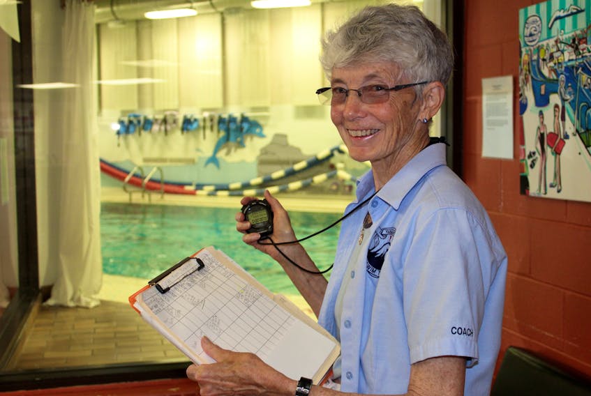 Ginny Smith at the Yarmouth YMCA, home of the Whitecaps swim team, which Smith coached for four-and-a-half decades. She is now retired. The Whitecaps are planning an event for early August to celebrate Smith’s coaching career.