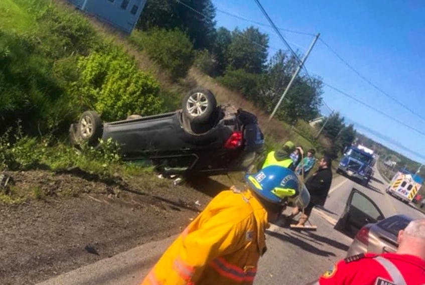 The vehicle that Diane Saulnier and her two daughters were traveling in was struck on its drivers' side as it was turning into a driveway. The vehicle that stuck them was passing other vehicles. The sudden impact caused the vehicle to roll onto its roof in a ditch. PHOTO COURTESY DIANE SAULNIER