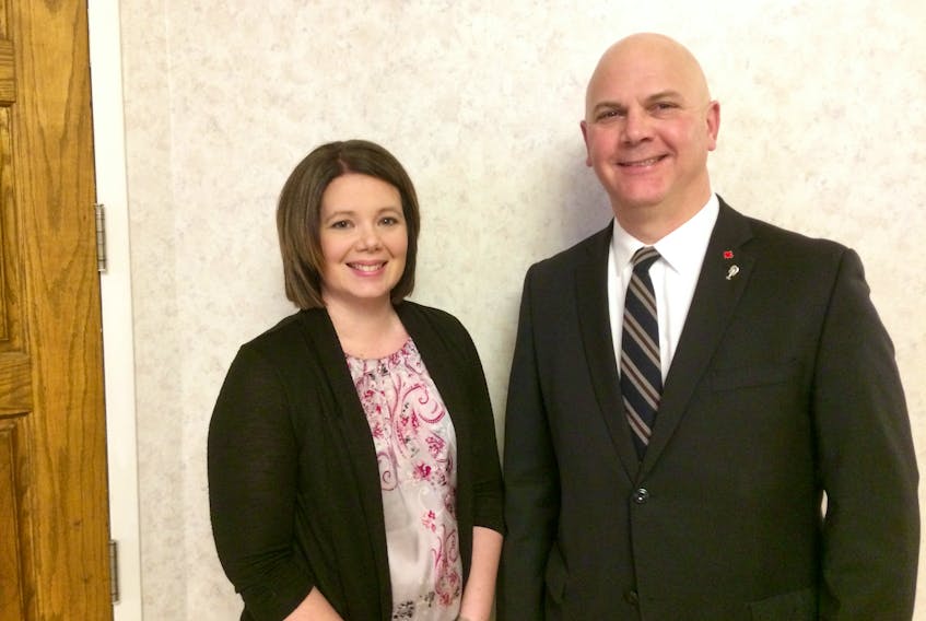 Angie Greene, the new president of the Yarmouth and Area Chamber of Commerce, and Geoff Irvine, executive director of the Lobster Council of Canada. Greene assumed the chamber’s presidency (succeeding Neil Rogers) at the organization’s March 7 AGM, where Irvine was the guest speaker.