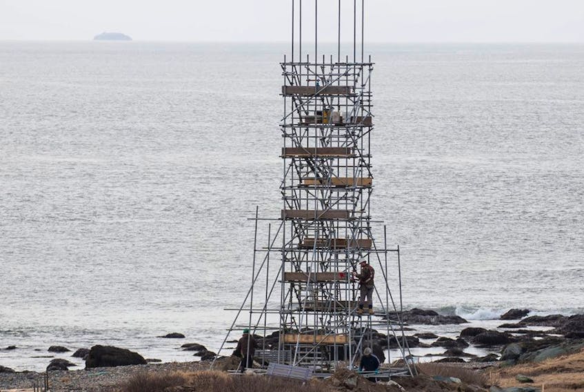 Set design for the feature film The Lighthouse, underway on the Leif Ericson trail at Cape Forchu, includes a 60-foot lighthouse designed to replicate those built in the early 20th century. ERVIN OLSEN PHOTO