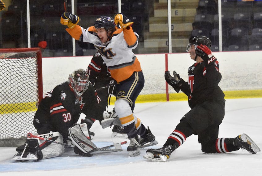 Yarmouth Mariner Connor Peveril celebrates scoring a goal during the second period of Game 1 of the Eastlink South Division semi-final in which the Mariners defeated the Truro Bearcats 6-1 during the March 14 contest. TINA COMEAU