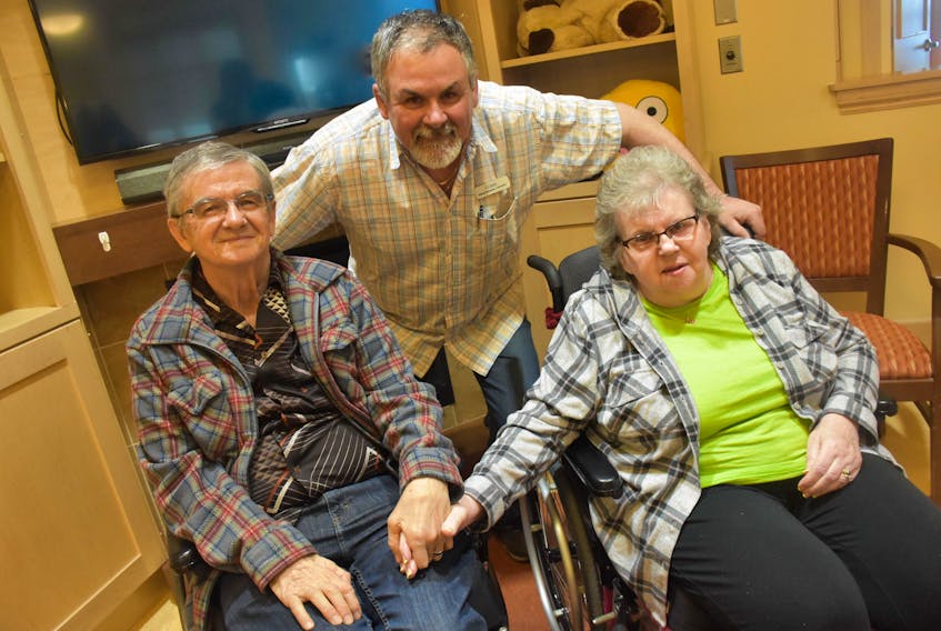 Glen Surette with Gerry and Anita Goodwin at Villa St. Joseph du Lac in Yarmouth County. The three had been seeing each other for years at the seniors' long-term care facility but it wasn't until just recently they realized their paths had first crossed about 30 years ago in the middle of a snowstorm. 
TINA COMEAU PHOTO