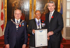 Bradford J. Barton receives the Order of Nova Scotia at Province House, with Premier Stephen McNeil and Lieutenant Governer Arthur LeBlanc. Also pictured: Barton with other award recipients (submitted by Government House, Halifax).