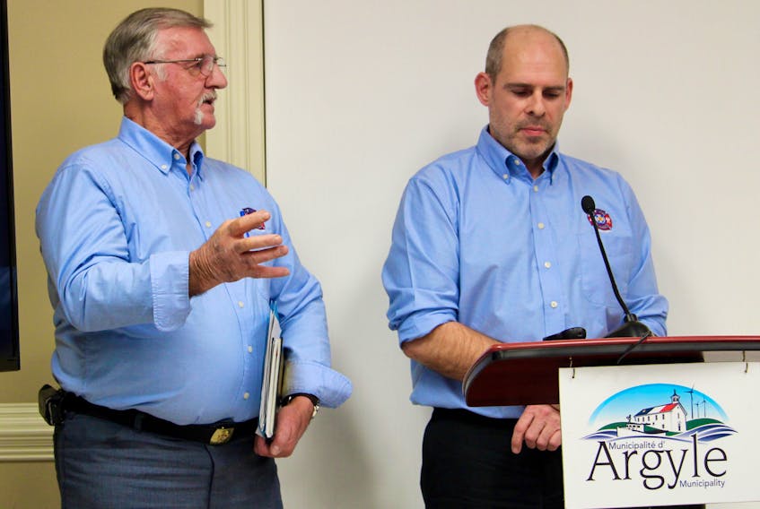 Art Rose (left), Yarmouth County director for the Fire Service Association of Nova Scotia, and Paul Gould, the association’s alternate director in Yarmouth County, during a presentation to Argyle municipal council on Jan. 8.