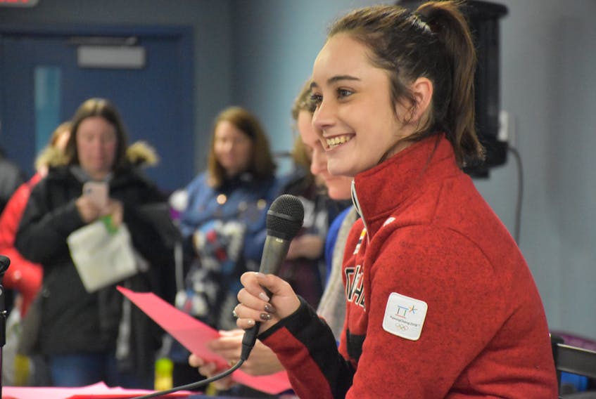 Olympic and World figure skating champion Kaetlyn Osmond conducting a day-long seminar with young skaters at the Mariners Centre in Yarmouth that included on-ice instruction and a Q&A. TINA COMEAU PHOTO
