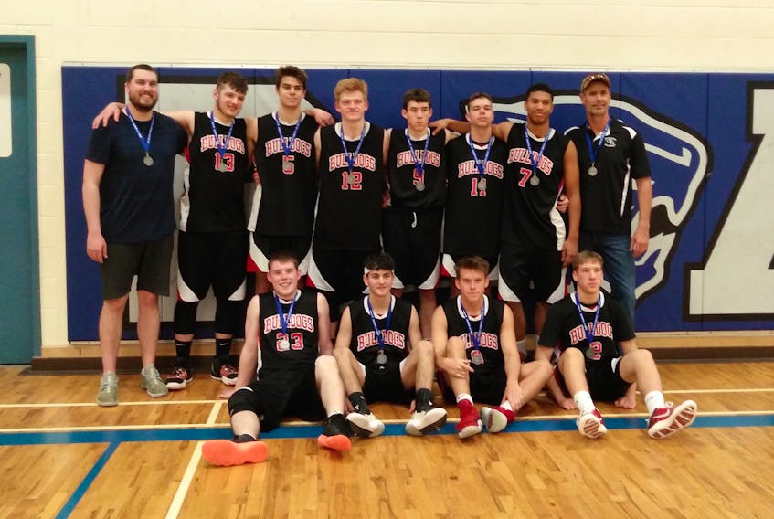 The Souwest Bulldogs, silver medal winners at under-18 AAA provincials. Standing (from left): assistant coach Sam Durling, Joshua Muise, Dylan Landry, Noah Wilcox, Joel Cull, Dawson Mills, Randall Fells, coach Joel Durling. Front (from left): Ethan Hemeon, Simone Amitrano, Morgan Rogerson, Mehmet Itris-Mo.
