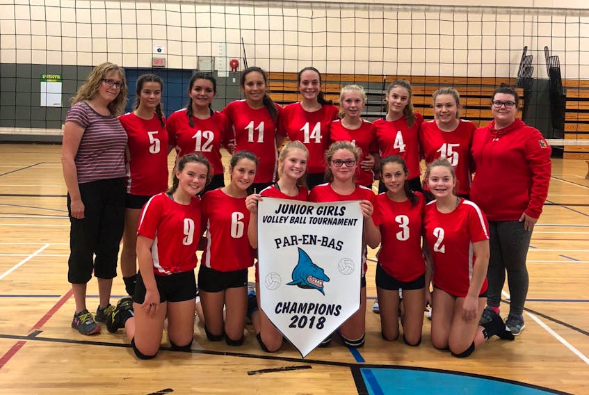 The PEB junior volleyball team with their championship banner.