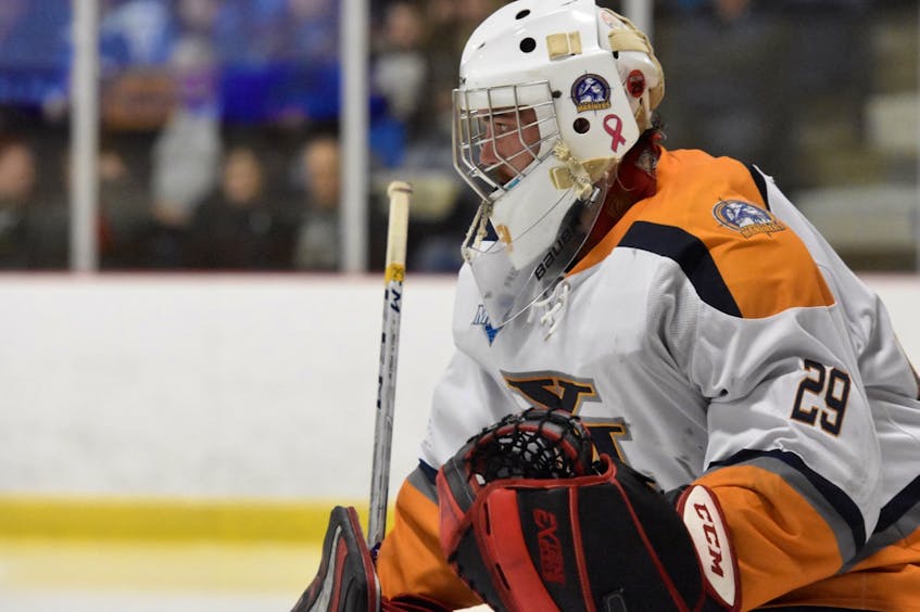 Yarmouth Mariners goalie Tyler Caseley had his second shutout of this Canadian Tire Cup league final series against Campbellton with a 3-0 win in New Brunswick on April 18 in Game 3. TINA COMEAU