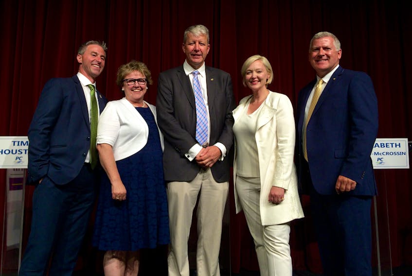 The Nova Scotia PC leadership candidates following their July 12 debate in Tusket. From left: Tim Houston, Julie Chaisson, John Lohr, Elizabeth Smith-McCrossin and Cecil Clarke.