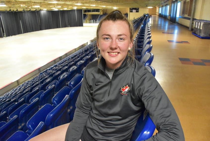 Sitting inside the Yarmouth Mariners Centre where she grew up playing minor hockey, and most recently assisted with a hockey school for minor hockey players, Allie Munroe says she is excited to be heading to Sweden to play pro hockey this upcoming hockey season. TINA COMEAU PHOTO