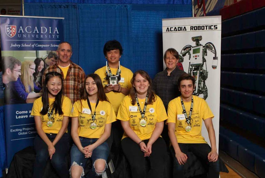 The Shelburne Senior High Robotics Team will be among the competitors at the World Robofest Championship at Lawrence Technical University in Southfield, Michigan on May 17 and 18. Front row from left: Mia Huskilson, Mya Chidiac, Elsi Himmelman and Marcell Garcia Tejada. Back row: coach Peter Himmelman, Huy Nguyen and coach Loreley Himmelman.