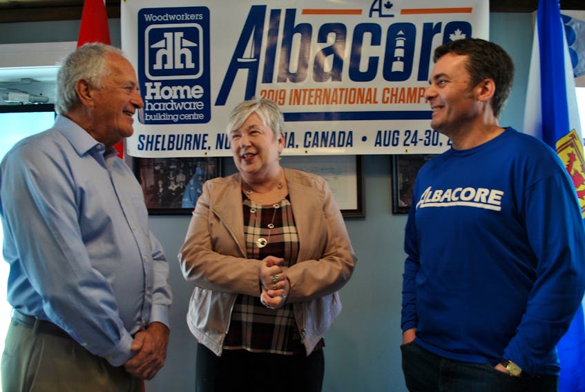 Brad Wilson (from left), South Shore St. Margaret’s MP Minister Bernadette Jordan and Henry Pedro chat after the funding announcement on Feb. 23 for the Shelburne Harbour Yacht Club. The support will go towards infrastructure upgrades, marketing, skills training, and accommodations for the anticipated 500 room rentals from sailors, volunteers, and spectators attending the 2019 Albacore International Championship Regatta on Aug. 24 to 30 in Shelburne.
KATHY JOHNSON PHOTO
