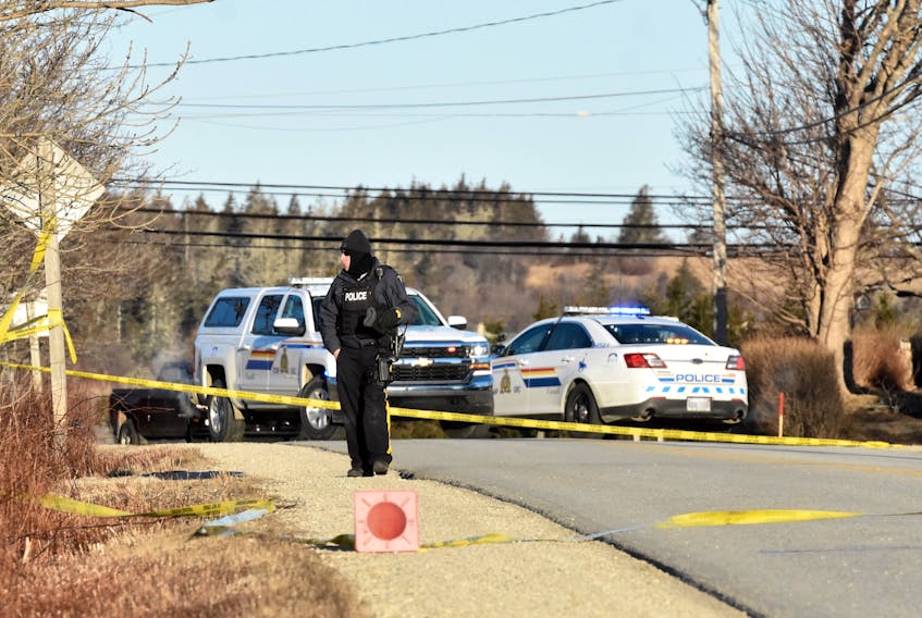 The RCMP in Yarmouth had a section the Greenville Road barricaded the morning of March 27 as an investigation into a reported shooting was underway. Another area on the Main Shore Road in Yarmouth was also blocked off as police carried out their investigation. TINA COMEAU PHOTO