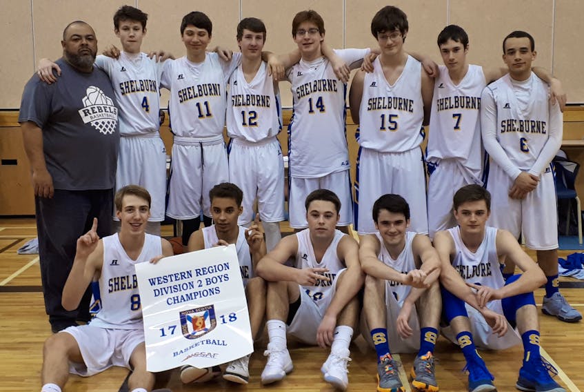 The Shelburne Rebels after winning the Division 2 western regional basketball title (front row, from left): Daniel Slack, Tyson Hartley, Oliver Harding, Cam Trevors, Trevor Fehr. Back row (from left): coach Darren Jacklin, Kyler Hemeon, Kerry Arcon, Ethan O'Connor, Zac Mahaney, Nick Branscombe, Tanner Swim, Cordell Dyous.