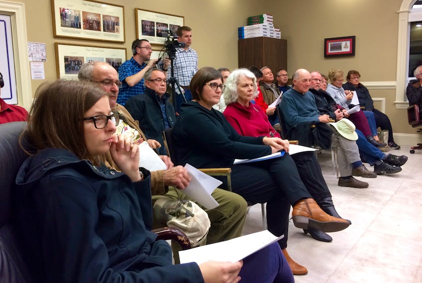 Members of the public listen to the discussion during a special meeting of Argyle municipal council Tuesday, Nov. 21, in Tusket. The session ended with council voting in favour of a development agreement for a sea cucumber pharmaceutical processing facility in the Tusket business park.