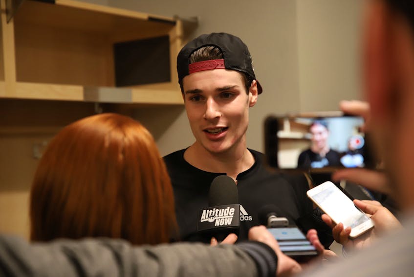 Ryan Graves made his NHL debut on Dec. 27 with the Colorado Avalanche. Post-game interviews. EMILY WADE PHOTO/COURTESY OF COLORADO AVALANCHE SOCIAL MEDIA