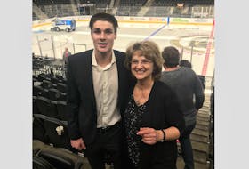 Yarmouth's Ryan Graves and his mom Monica Brennan at the T-Mobile Arena in Las Vegas after Graves played his first official NHL game with the Colorado Avalanche against the Vegas Golden Knights.