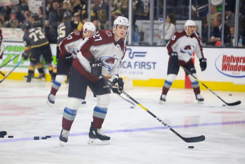 Ryan Graves made his NHL debut on Dec. 27 with the Colorado Avalanche. On the ice during the warmup. PHOTO COURTESY EMILY WADE/Colorado Avalanche Social Media