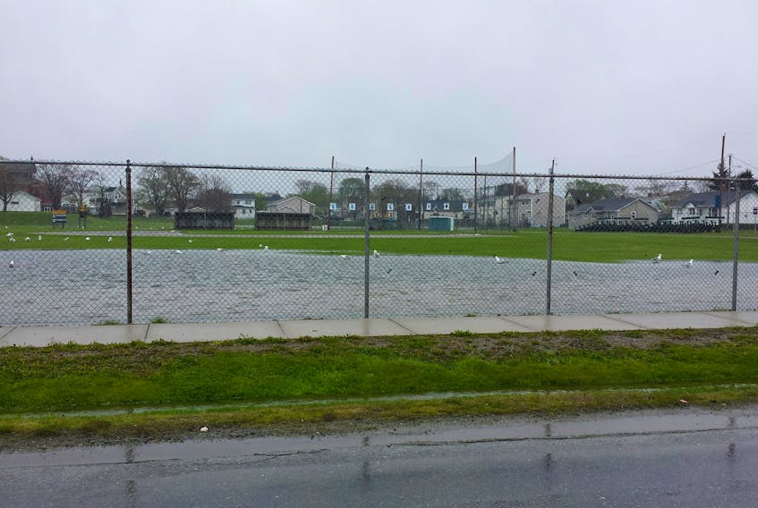 This was the view from William Street in Yarmouth Friday morning of the waterlogged outfield at Gateway Park.