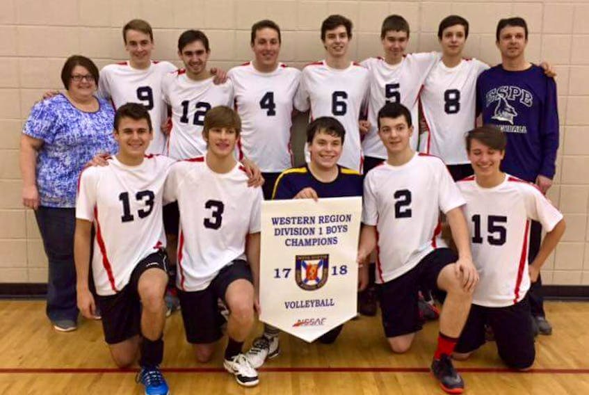 The Par-en-Bas senior boys after winning the division 1 western regional volleyball title. The is coached by Claudette Deveau (back row, far left) and Jamie Cottreau (far right) CONTRIBUTED PHOTO