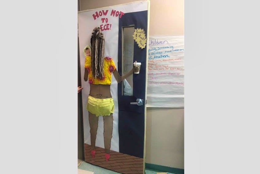 The door decoration at the NSCC Burridge campus in Yarmouth. It was taken down following complaints.