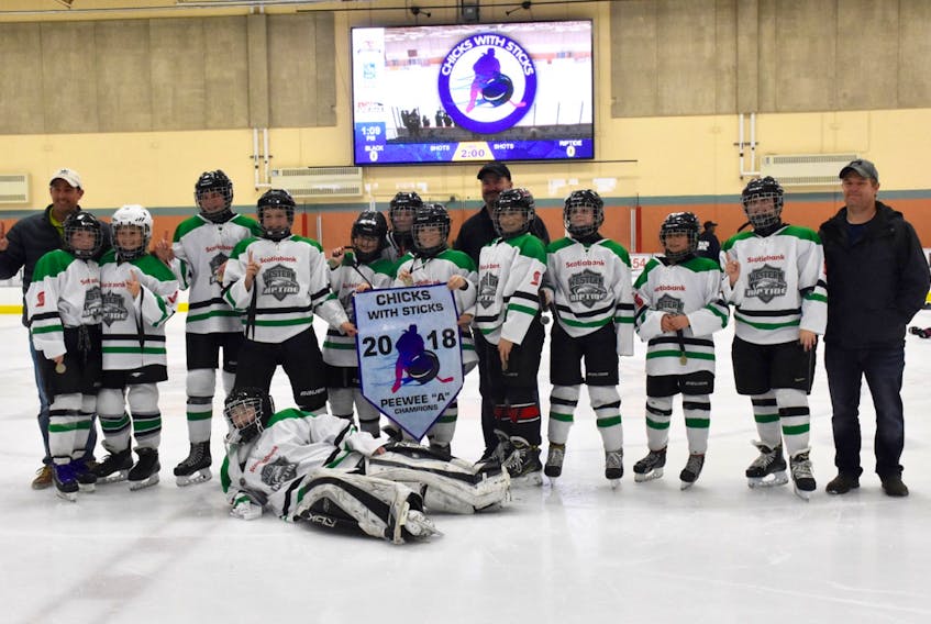 The Scotiabank Western Riptide Peewee A girls won gold at the annual Chicks with Sticks tournament in Yarmouth. TINA COMEAU PHOTO