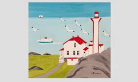 Maud Lewis painting, Lighthouse and Ferry at Cape Forchu, Yarmouth County, 1960s. Oil on board 31.4 x 33.7 cm. Collection of CFFI Ventures Inc. as collected by John Risley.