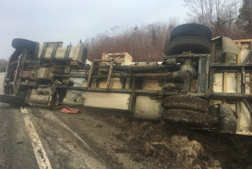 An overturned propane tanker caused some delays on Highway 103 on Monday, April 2. CONTRIBUTED