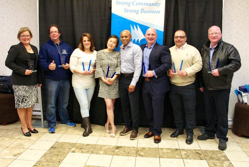 Jennifer White (boss of the year), Adam Randall (rising star), Samantha Comeau (employee of the year), Sonia Park, Troy Lawrence (small business, Honey Bee Ice Cream Parlour), Todd Shea (large business McDonald’s), Joe Habib (customer service award, Jake’s), Dennis d’Entremont (export achievement, Captain’s Choice Lobster).
ERIC BOURQUE PHOTO