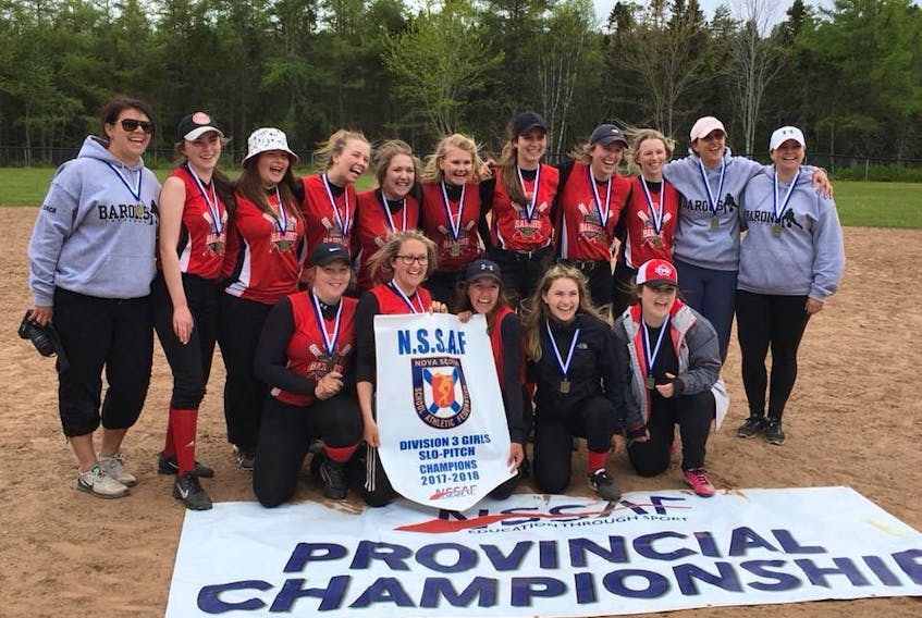 The Barrington Barons are the NSSAF Division 3 Senior Girls Slo-pitch provincial champions. Back row from left: coach Kristen Strang, Rylee Townsend, Carlee Atwood, Lindsay Mackenzie, Maddy Sears, Katelyn Ross, Erica Halliday, Marie Brabant, Carley Brannen, Coach Susann Symonds and coach Taylor Smith. Front row: Chloe Perry, Abbey Wickens, Kelly Nickerson, Faith Scott and Jenna Ross.