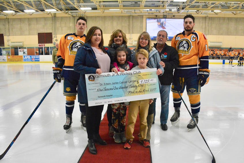 Taking part in the cheque presentation from Pink in the Rink were Mariner Aaron Maillet, Louisette Higgins and Tiffani Atkinson from Modern Realty, Dr. Alenia Kysela, Keith Condon, youngsters Isobel and Desmond Murphy and Mariner Duncan McKie. TINA COMEAU