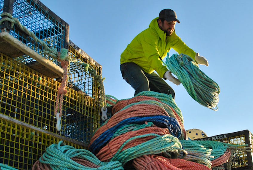 A fisherman catches a coil of rope while piling lobster gear on the East Pubnico wharf in preparation for the upcoming season. KATHY JOHNSON