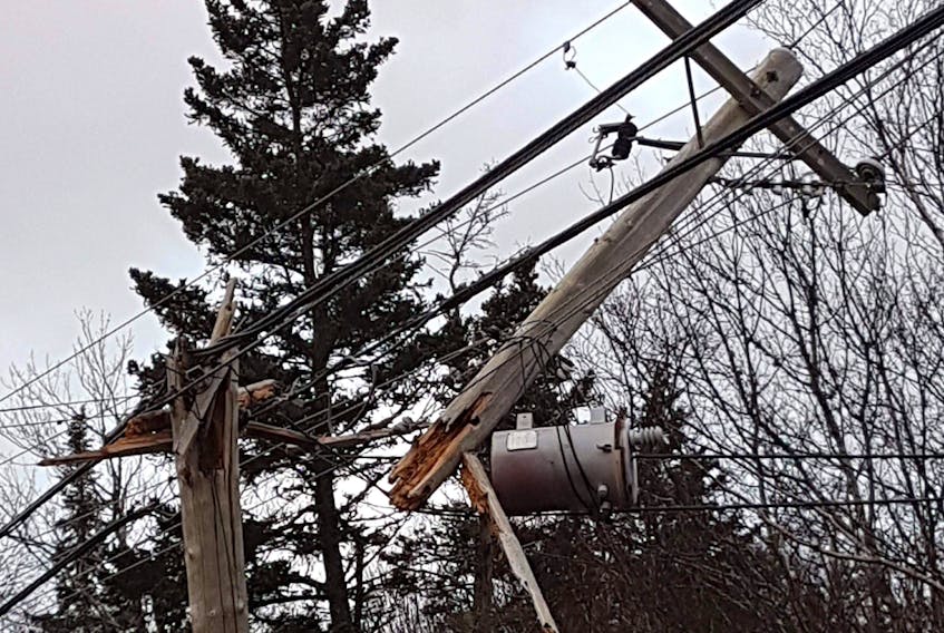 A power pole in Wedgeport, Yarmouth County, was snapped by the winds on Dec. 25. PHOTO COURTESY SHELLEY LEBLANC