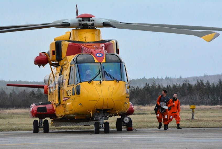 A Cormorant helicopter at the Yarmouth airport the morning of Nov. 28, after airlifting a 25-year-old fisherman, reported to be suffering from seizures, from a lobster vessel for transport to the Yarmouth Regional Hospital. TINA COMEAU