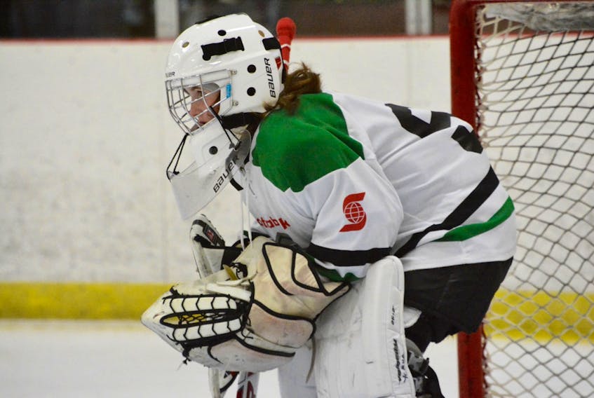 The 10th annual Chicks with Sticks female hockey tournament was held at the Mariners Centre in Yarmouth Oct. 27-29. Chloe Surette in net for the Western Riptide.
TINA COMEAU PHOTO