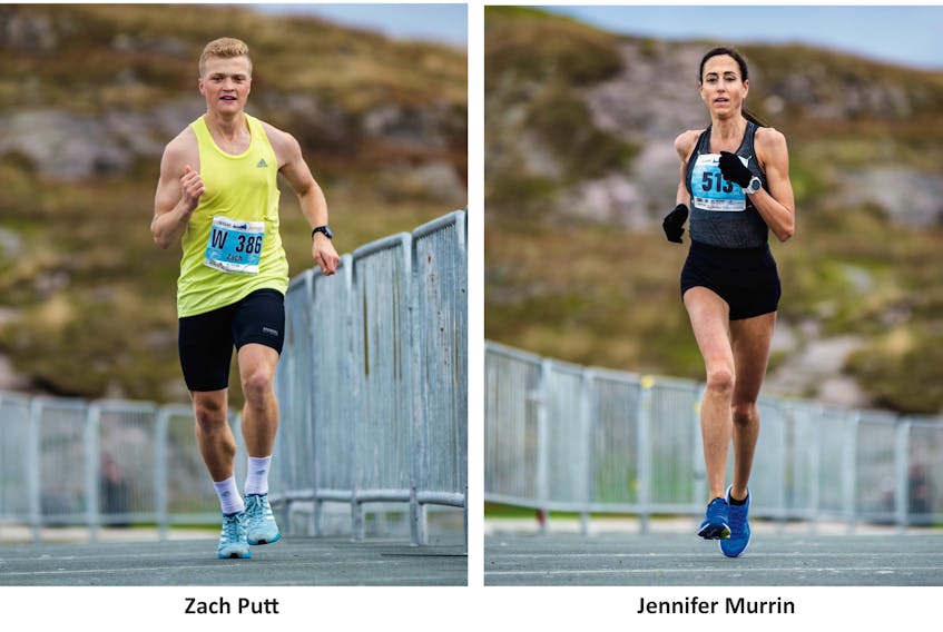 Zach Putt successfully defended his Cape to Cabot title Sunday, winning the 20-kilometre road race for a second straight year. Jennifer Murrin (right) was not only the women’s champion, but also the second overall finisher among the 448 who completed the race. — Greg Greening photos