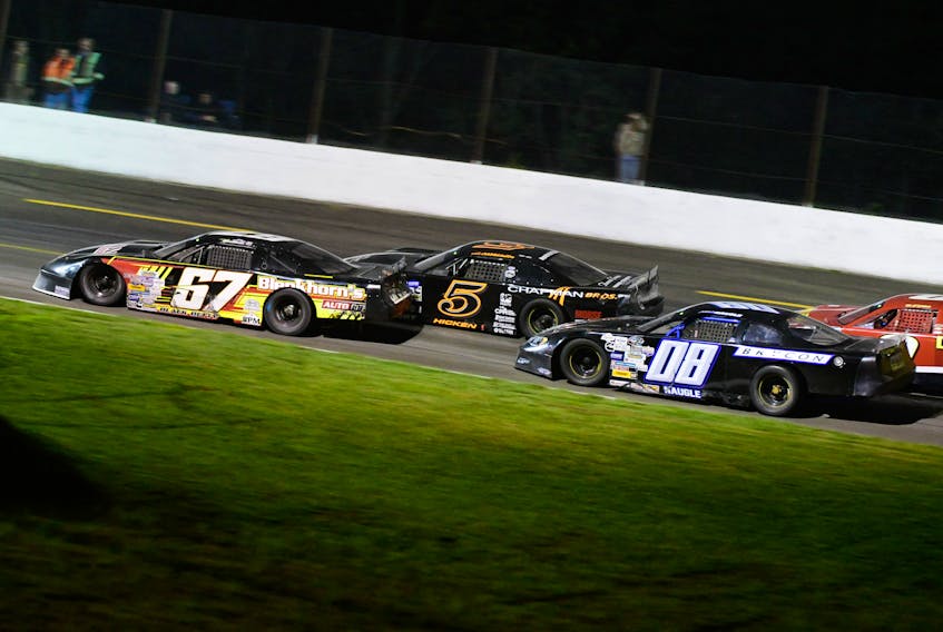 The Cummins 200 took place Saturday at Petty International Raceway in River Glade, N.B. From left are Dylan Blenkhorn, Jonathan Hicken and Nicholas Naugle. Parts for Trucks Pro Stock Tour/Special to The Guardian.
