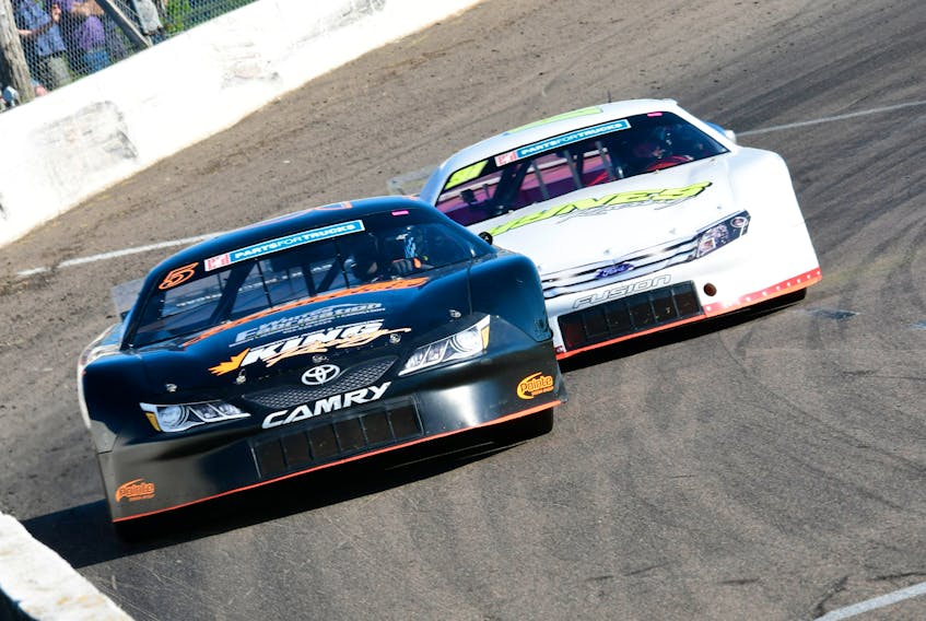 Jonathan Hicken, left, and Dylan Gosbee finished one-two Sunday at the Canada Day 150 at Oyster Bed Speedway. Photo courtesy Parts For Trucks Pro Stock Tour