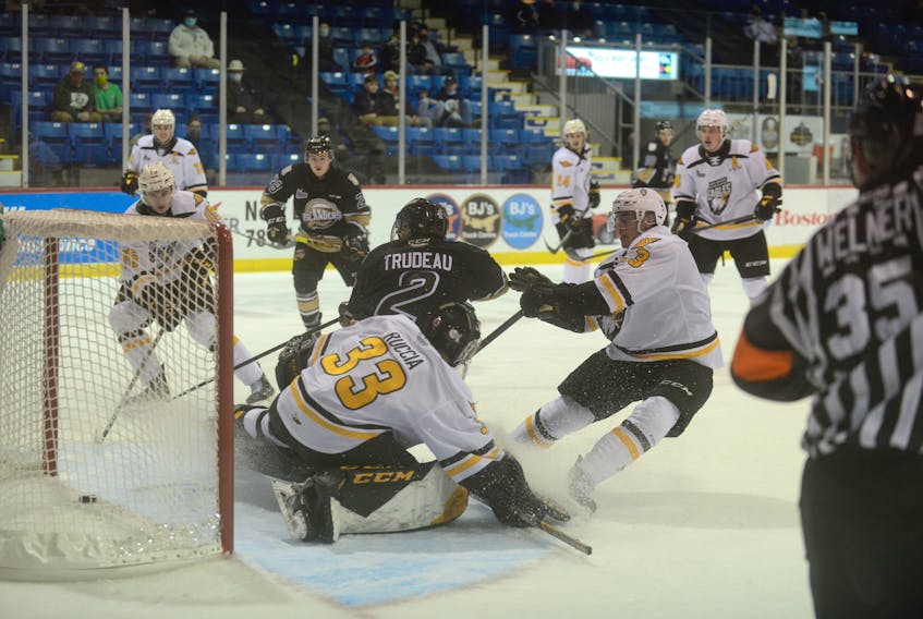 Charlottetown Islanders defenceman Will Trudeau goes to his backhand to beat Cape Breton Eagles goalie Nicolas Ruccia Friday at the Eastlink Centre.