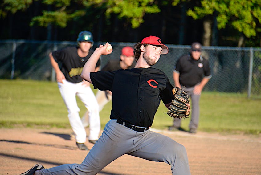 Summerside native Ben MacDougall throws a pitch for the Morell Chevies during Game 2 of the Kings County Baseball League final Sunday in Morell.