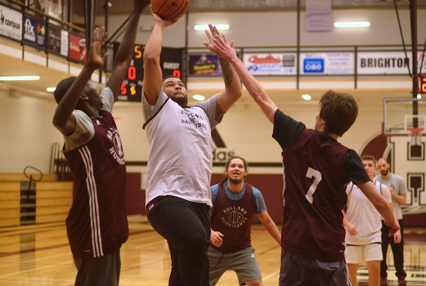 Travis Adams takes a shot during Holland College Hurricanes practice earlier this year.