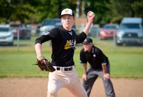 The Alley Stratford Athletics' Tyler Taylor throws a pitch Sunday during Game 4 of the Kings County Baseball League final in Morell.