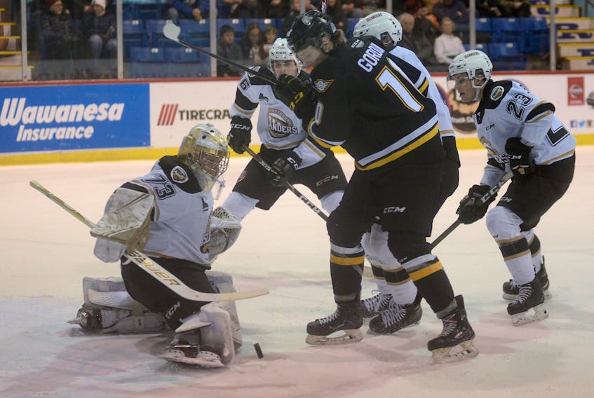 Cape Breton Eagles right-winger Matthew Gordon, a Mermaid native, looks for the rebound after Charlottetown Islanders goalie Matthew Welsh makes a first-period save during Quebec Major Junior Hockey League action Saturday at Eastlink Centre.