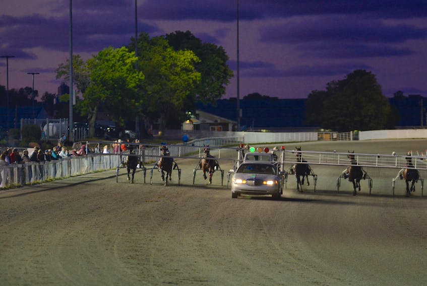 The horses get set for the beginning of Race 9 Saturday at Red Shores at the Charlottetown Driving Park.