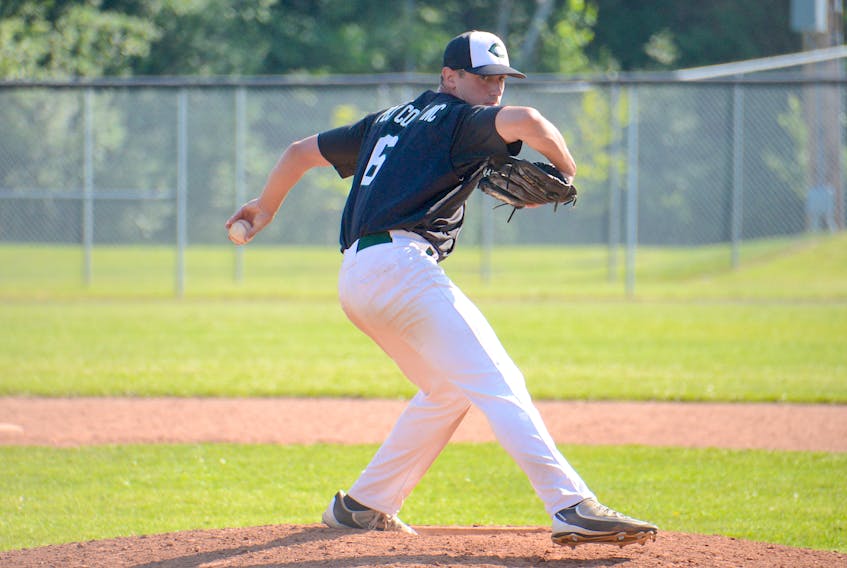 Jack Kraft delivers a pitch Saturday during New Brunswick Senior Baseball League action against the Fredericton Royals at Memorial Field.