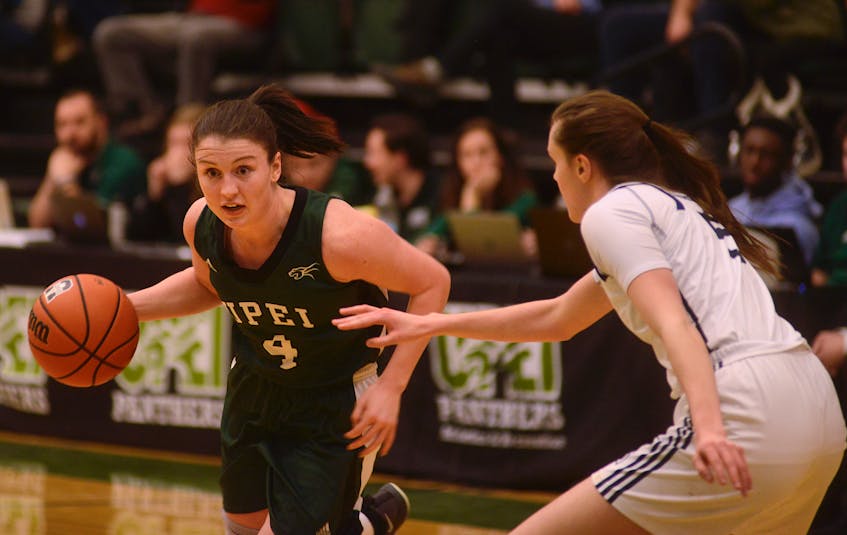 UPEI Panthers guard Jenna Mae Ellsworth drives to the paint against St. FX earlier this year.