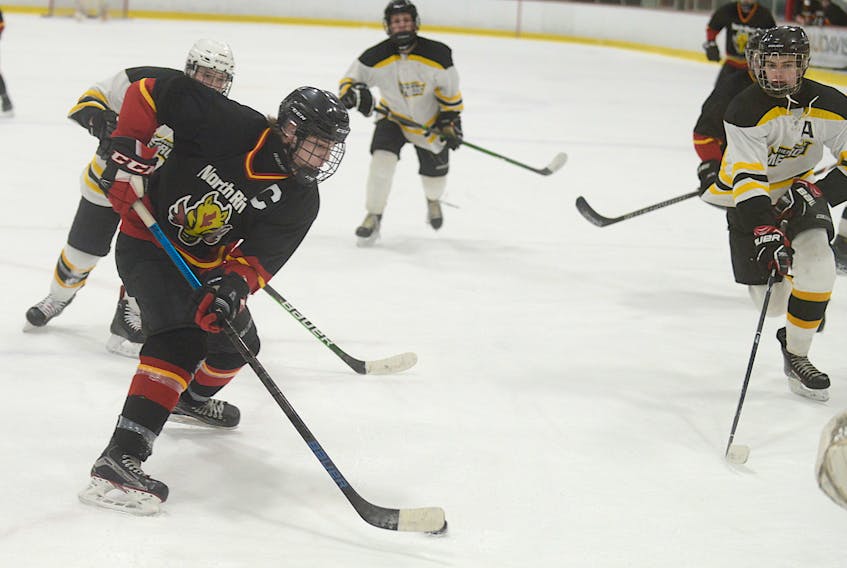 North River Flames captain Zac MacKay cuts to the front of the net against the Sherwood Metros Tuesday in Razzy's P.E.I. Junior C Hockey League action at the APM Centre in Cornwall.