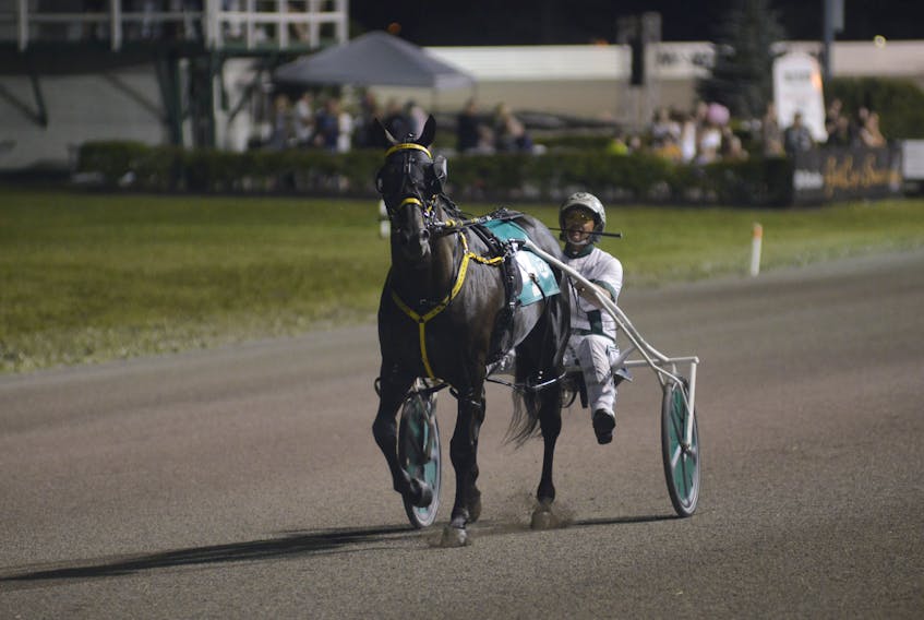 Rockin In Heaven, owned in party by Doug Polley of Amherst, has the rail in Saturday’s running of the Gold Cup & Saucer in Charlottetown – Atlantic Canada’s prestigious harness racing event.